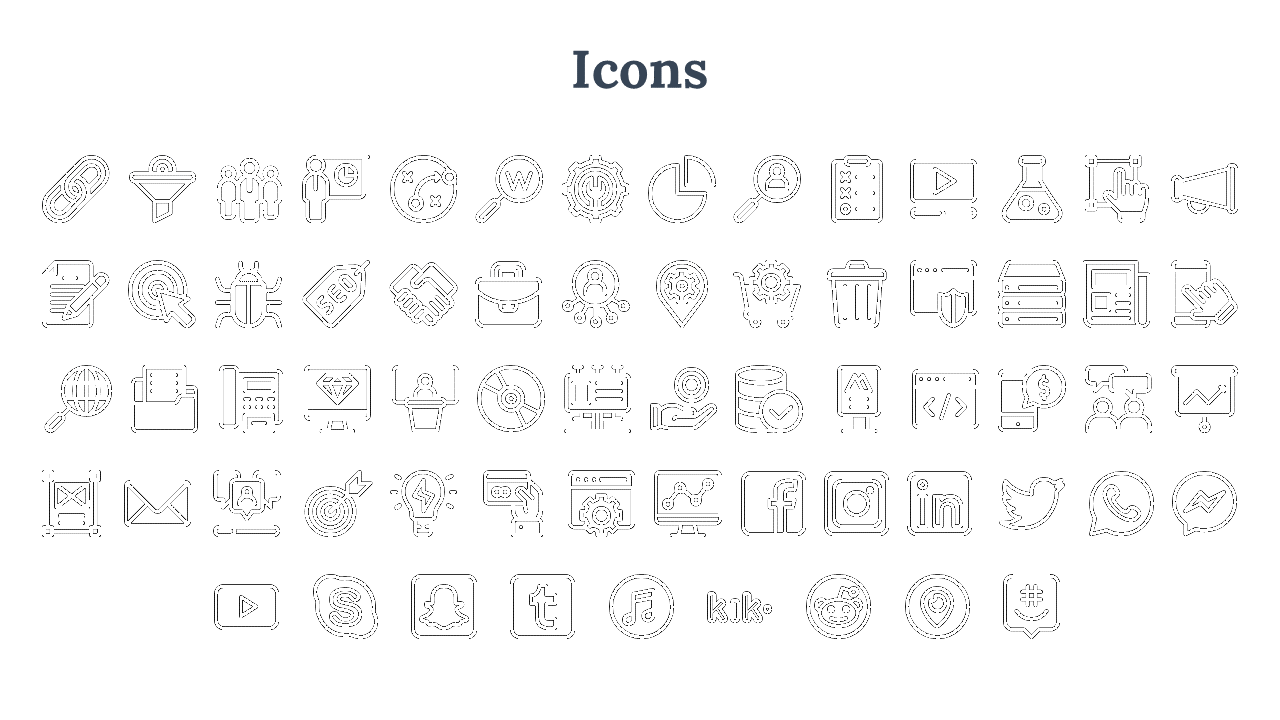 A collection of black and white icons representing digital tools, social media platforms, analytics, and business concepts.