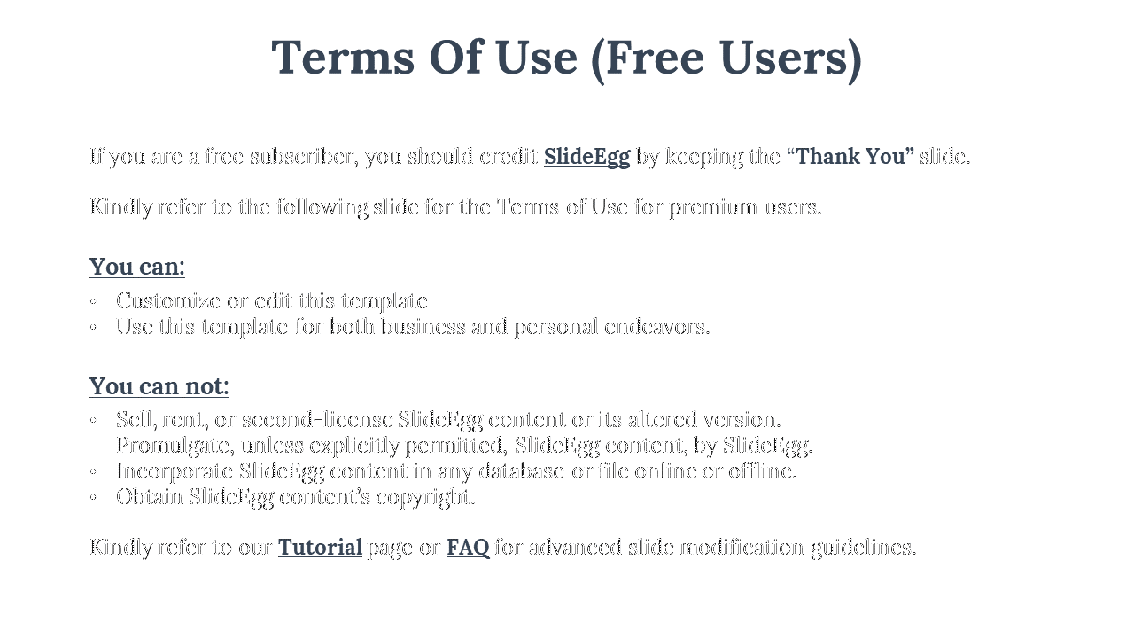 A guide on what free users can and cannot do with SlideEgg templates, including instructions on crediting and editing.