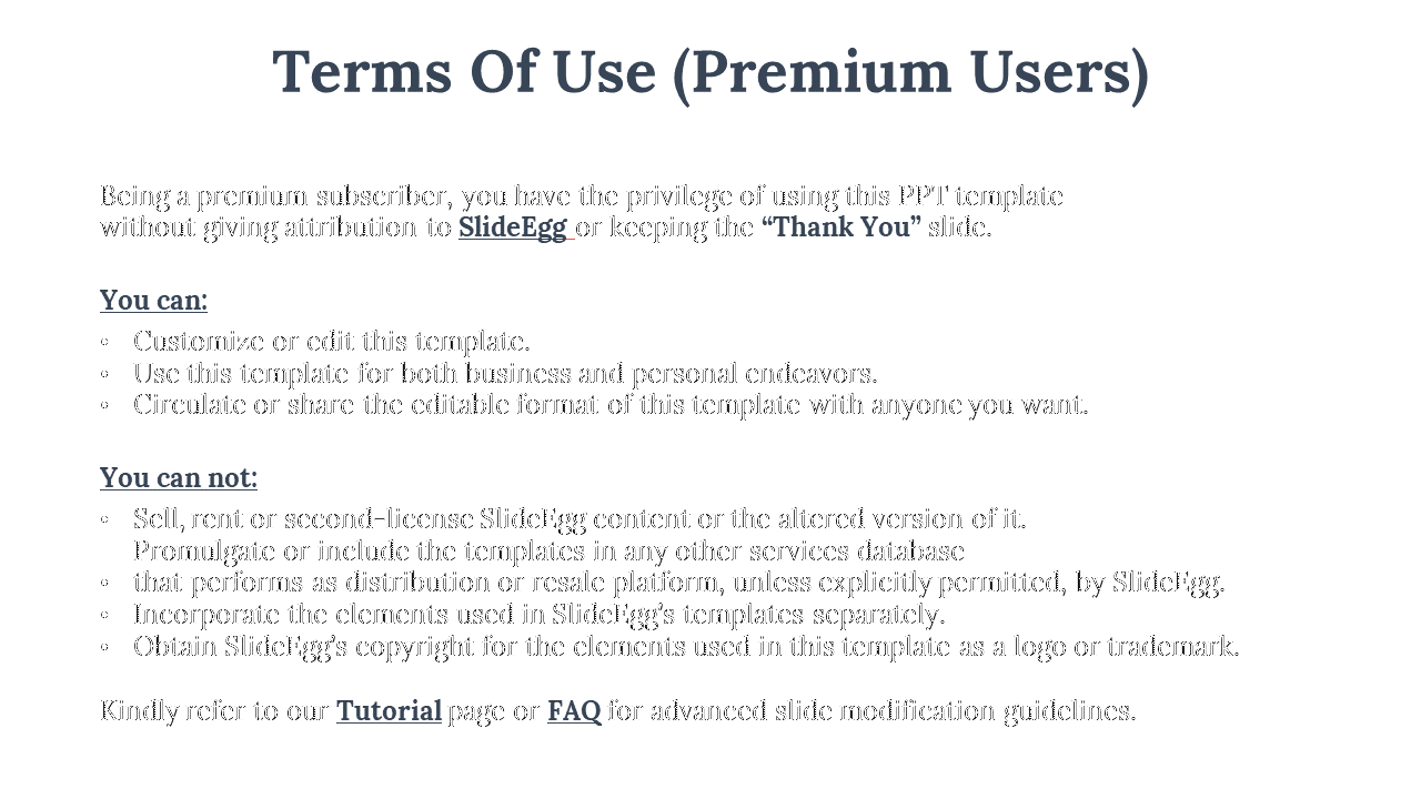 Terms of use for premium users, outlining the customization and sharing privileges, along with restrictions on selling.
