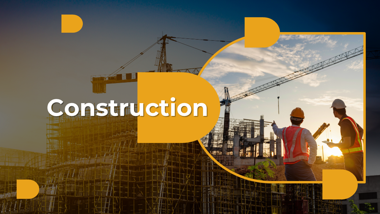 Construction site with scaffolding and cranes in the background, with a circular image of workers, on a yellow backdrop.