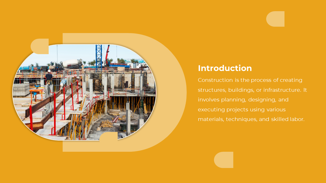 Yellow themed layout featuring a photo of a construction site with workers, and text on the right.