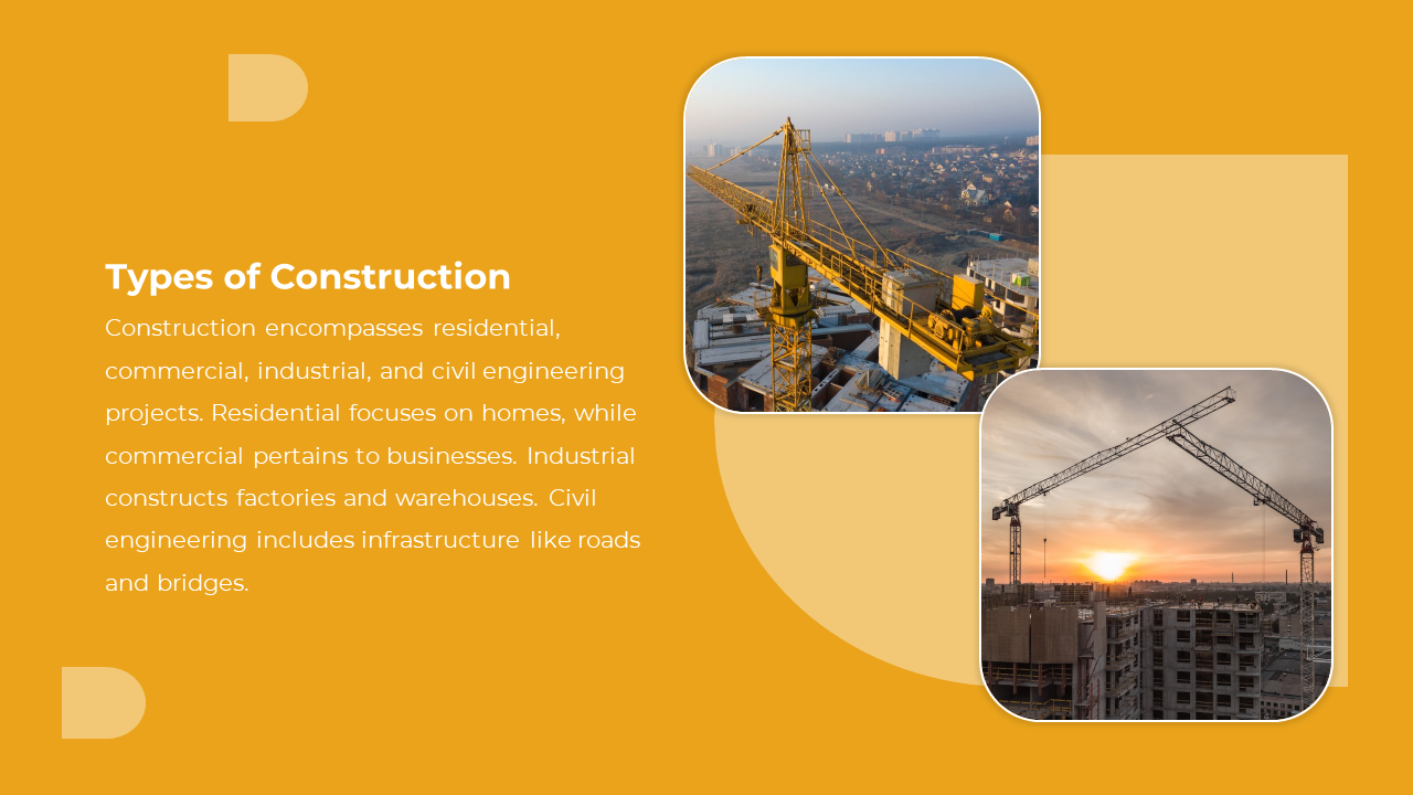 Yellow background with two images of construction sites featuring cranes, and text explaining the types on the left.