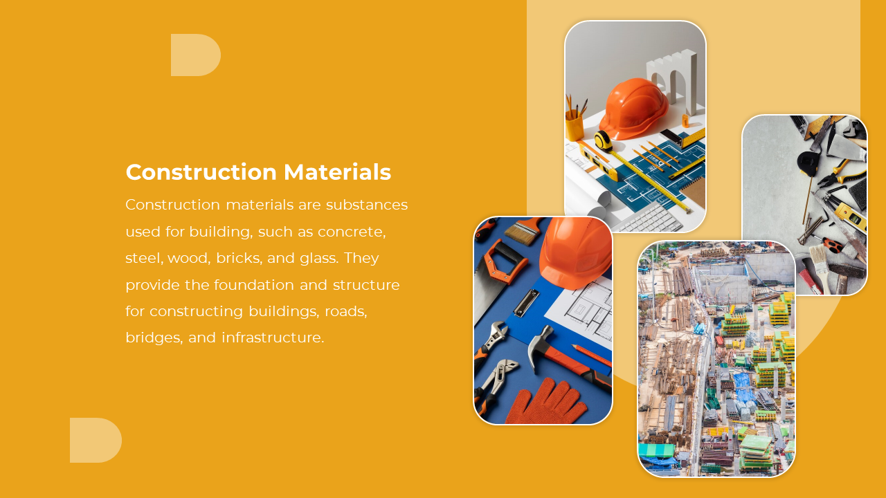 Yellow background with four images of construction materials and tools, alongside text on the left.