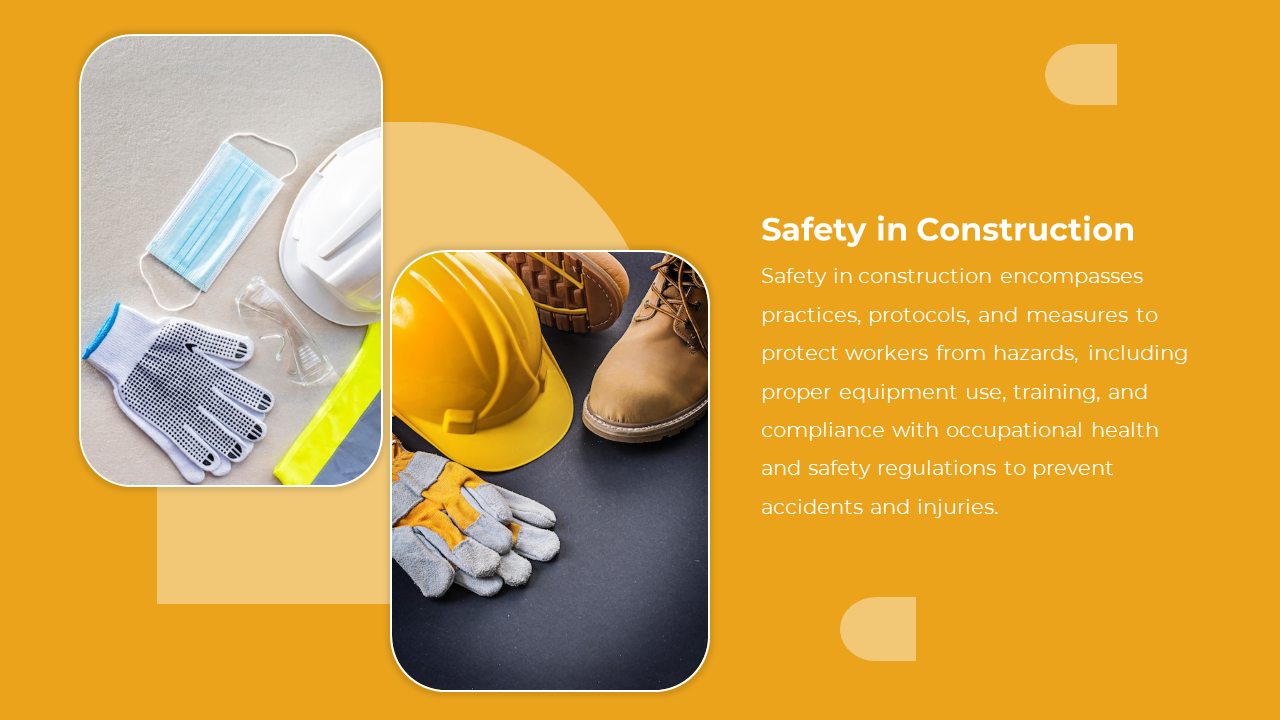 Yellow background with two photos of safety gear such as gloves, boots, and a helmet, paired with text on the right.