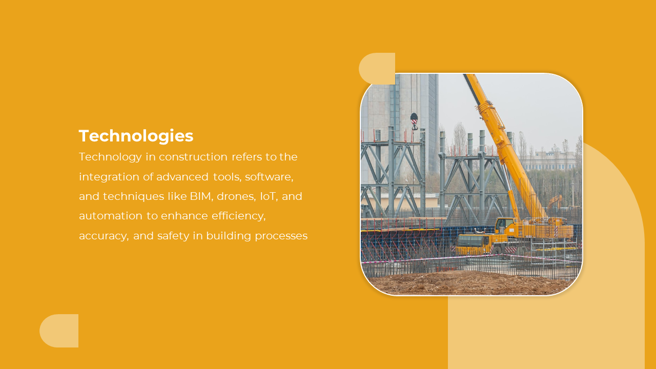 Yellow background slide with a rounded photo frame showing a construction site with a crane, and text on the left.