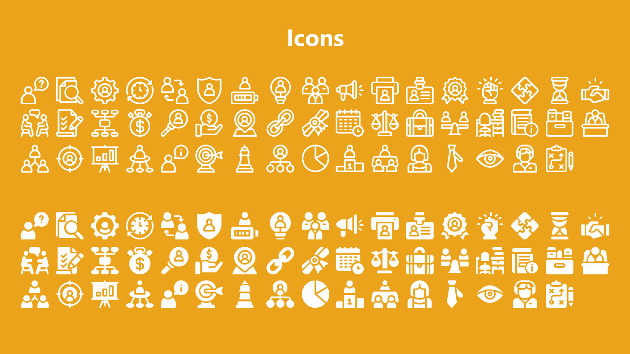White outlined and filled icons placed on a yellow backdrop, forming rows of square and circular shapes.