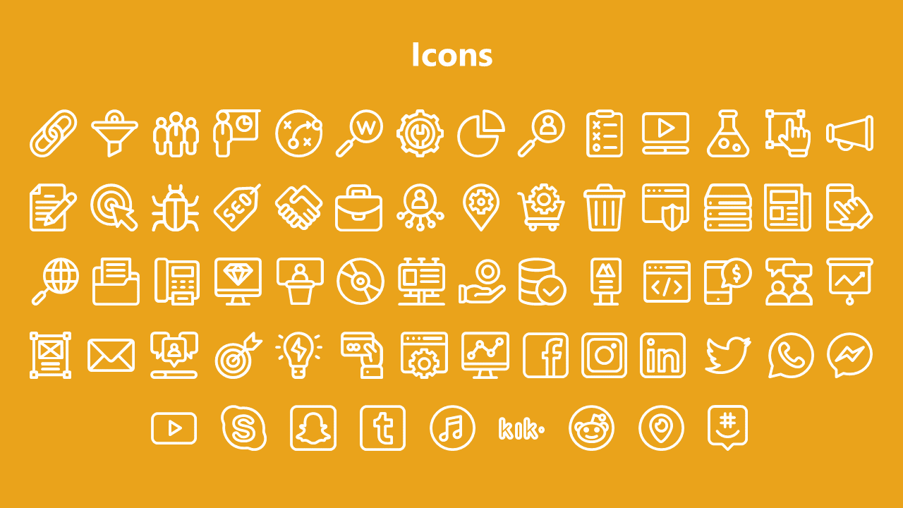 Collection of white icons on a yellow background, arranged in multiple rows, featuring circular and square outlines style.