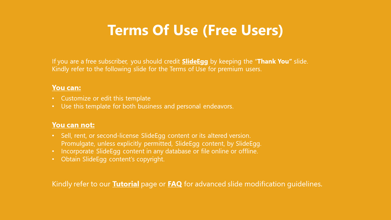 Terms of use slide for free users, outlining what they can and cannot do with the template, on a yellow background.