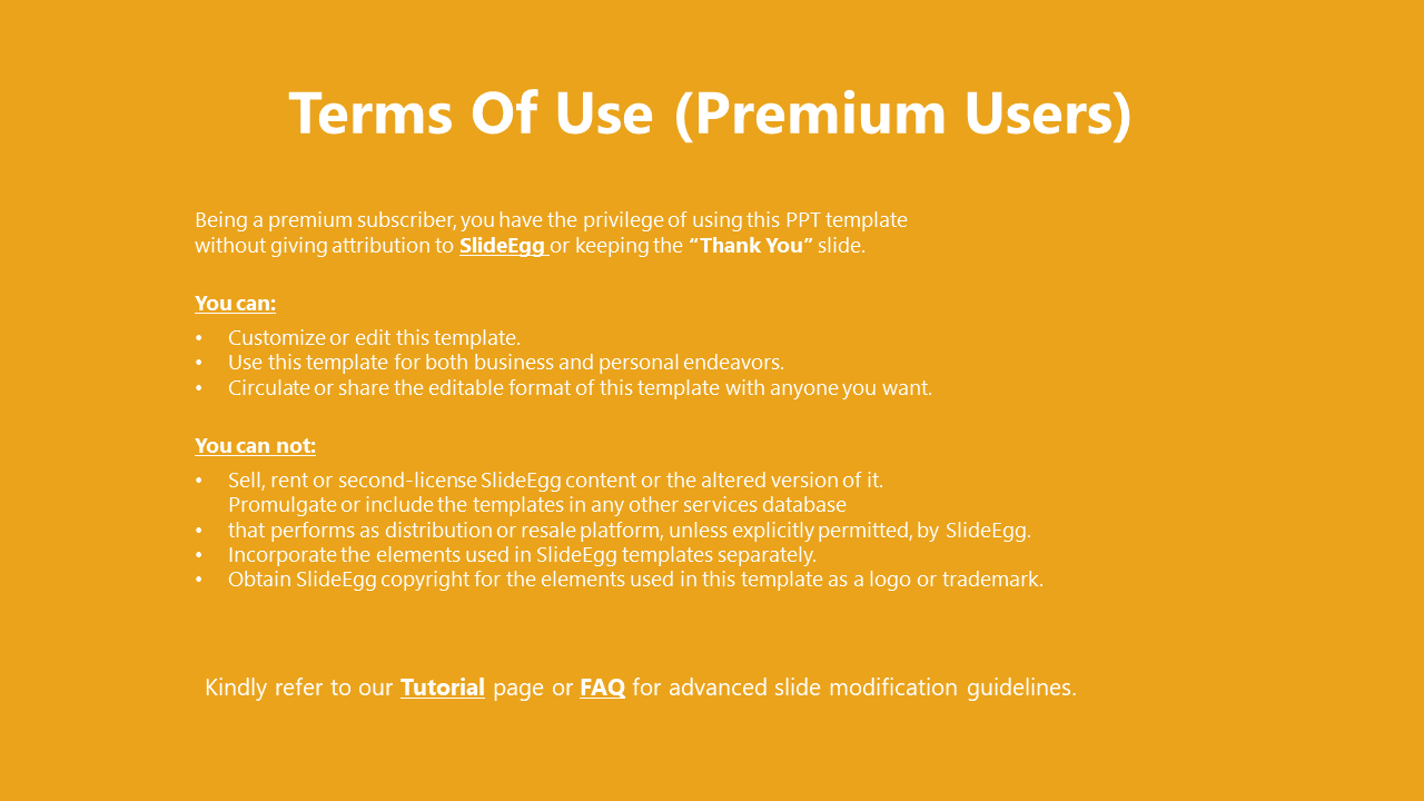 Yellow slide outlining the terms of use for premium users, with a list of allowed and disallowed actions.