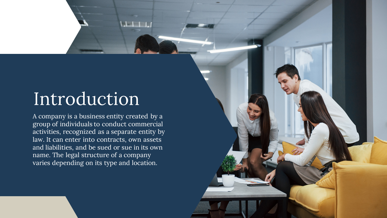 Introduction slide with a group of professionals in an office environment, discussing work on a laptop with text description.