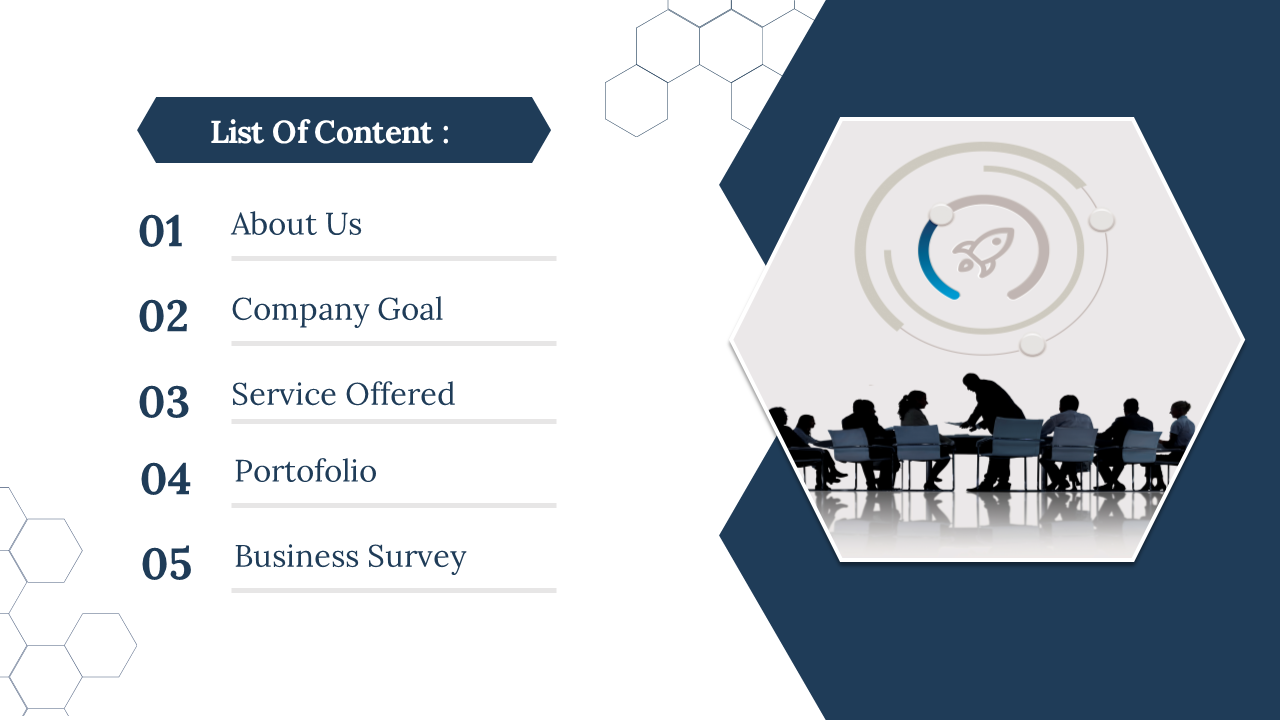Content slide with 5 key points including section on company goals and services accompanied by an image of business meeting.