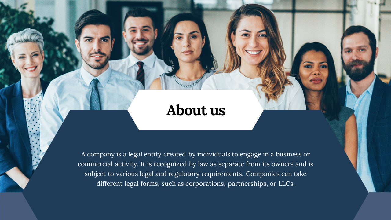 About us slide diverse team of professionals in an office with section explaining the legal entity and structure of company.