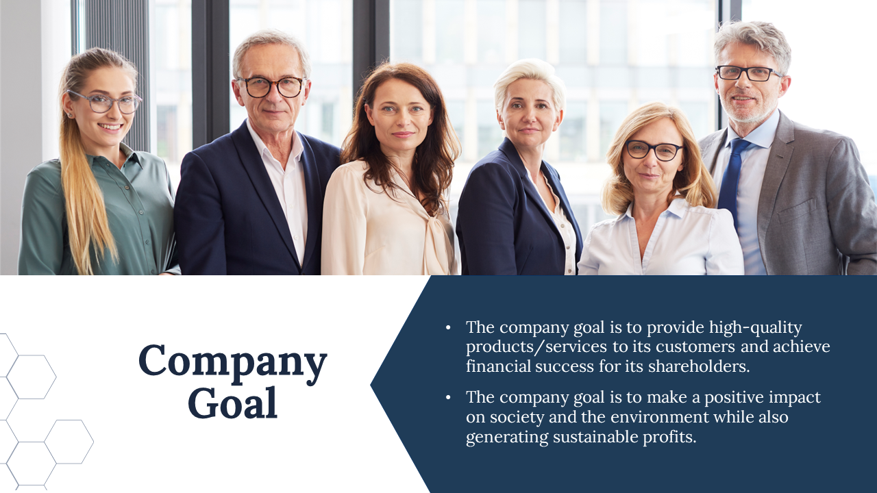 Professional team posing in an office, with a company goal slide outlining their objectives related to quality products.