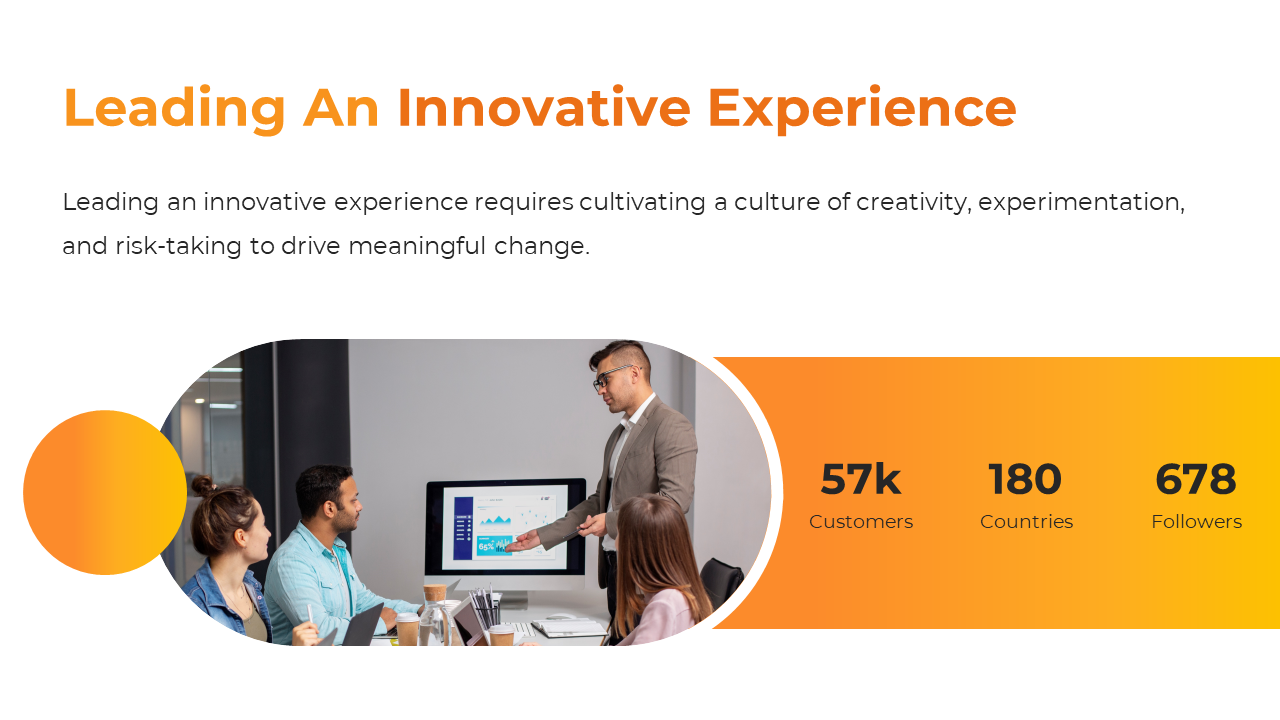 A group of professionals engaging in a discussion about innovation, with statistics on the screen showing company growth.
