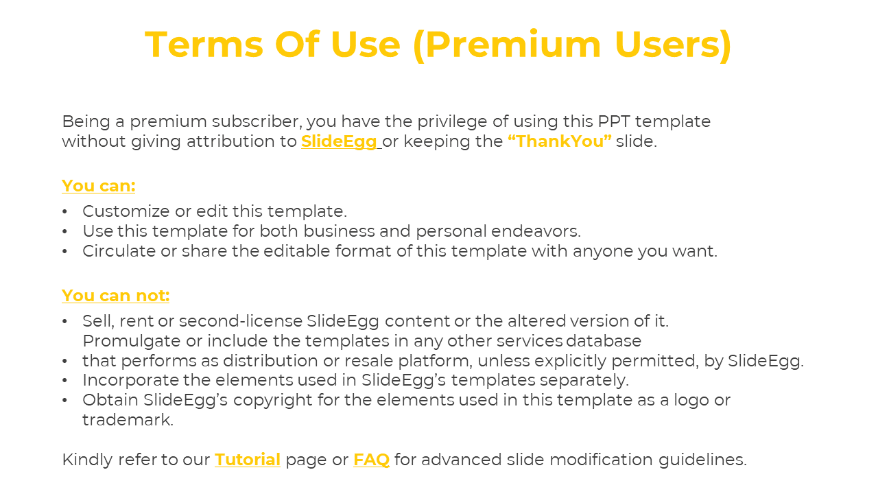 Terms of use for premium users, allowing them to edit and share SlideEgg templates without credit while prohibiting resale.