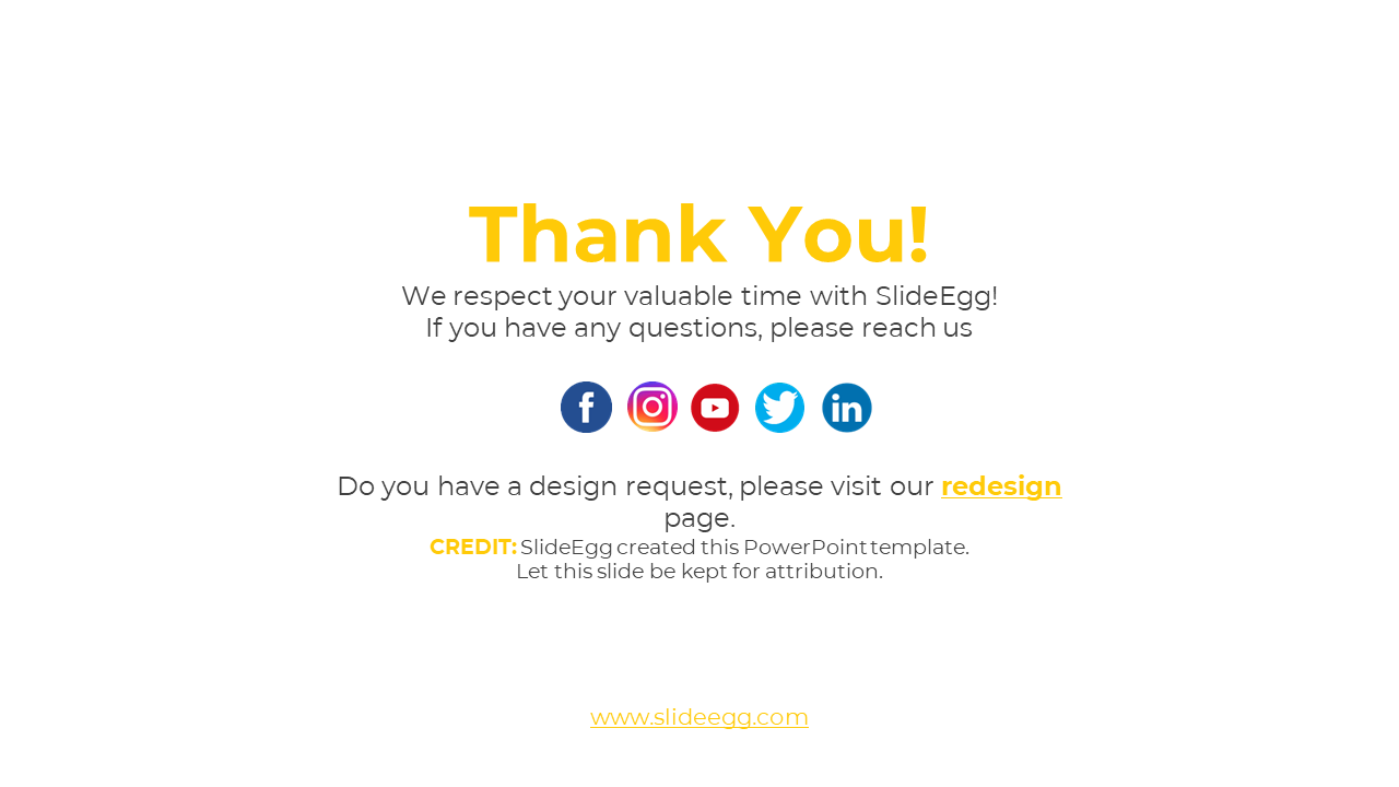 SlideEgg thank you slide, including social media icons and a credit note for the template, with a message on a white theme.