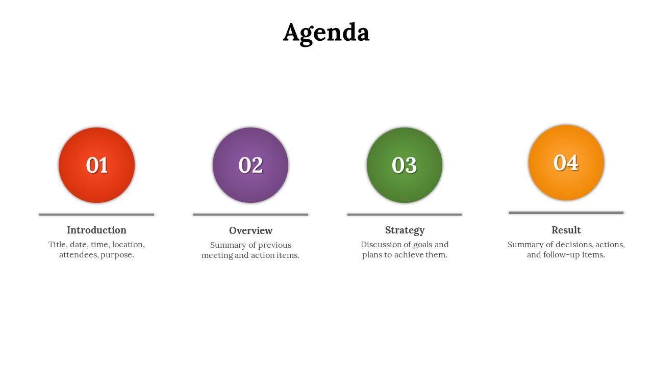 Agenda design with four circular icons in red, purple, green, and orange, each with a number and a text label below.