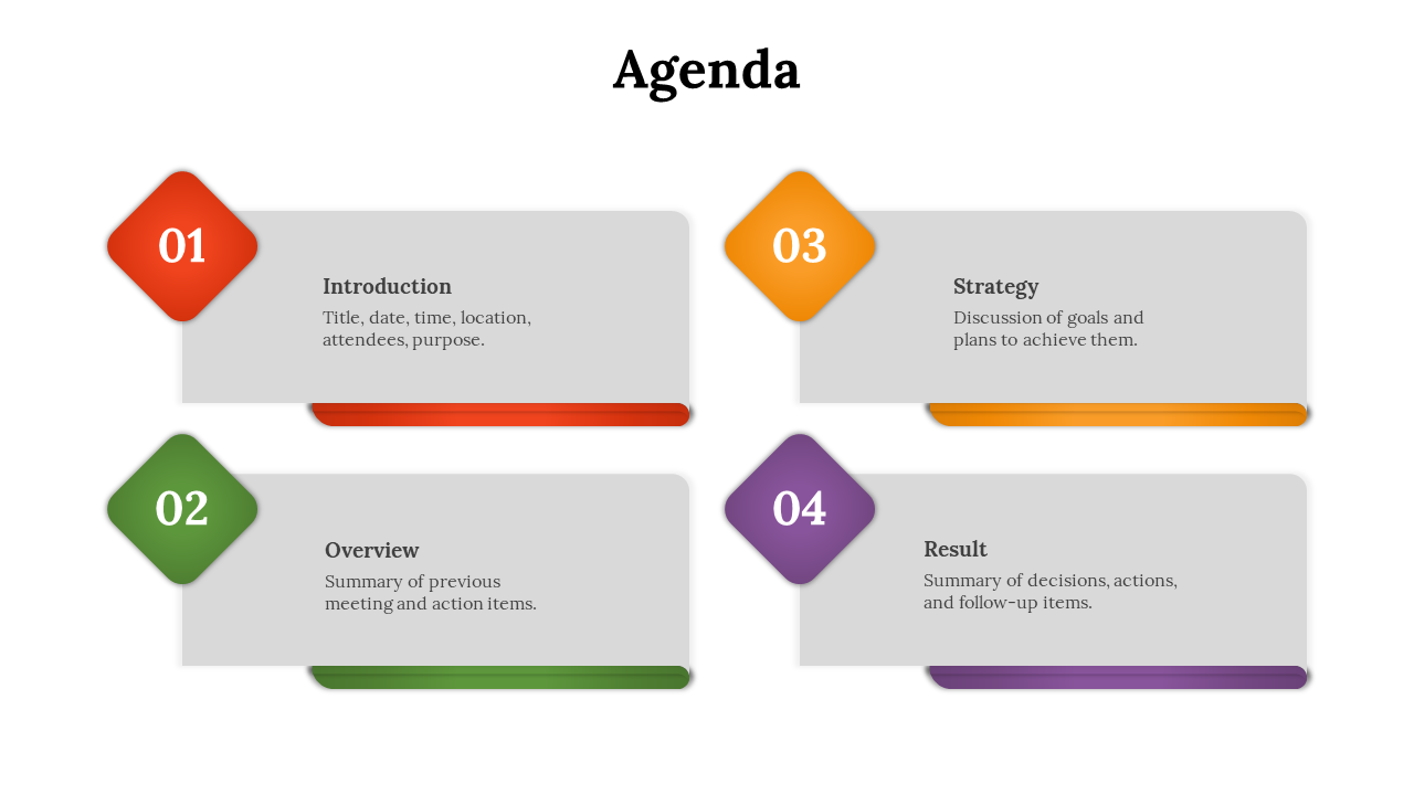 Agenda slide featuring four gray cards with colored diamond icons in red, green, orange, and purple.