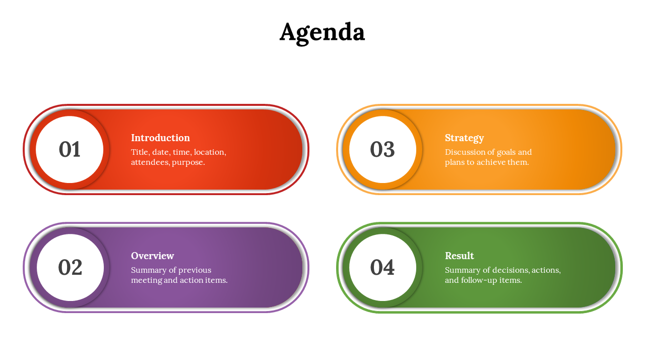 Four rounded boxes in red, purple, orange, and green arranged horizontally with clean text and circular number icons.