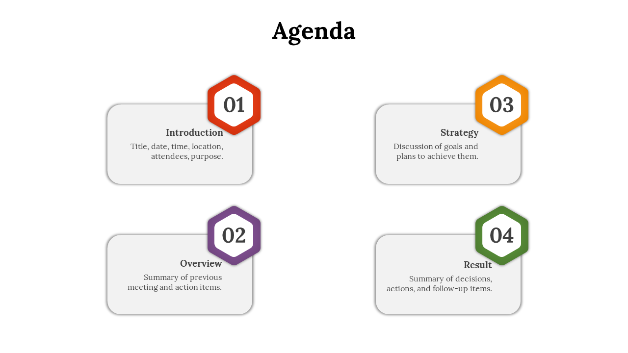 Agenda slide featuring four gray boxes with hexagonal icons in red, purple, orange, and green, with numbers.
