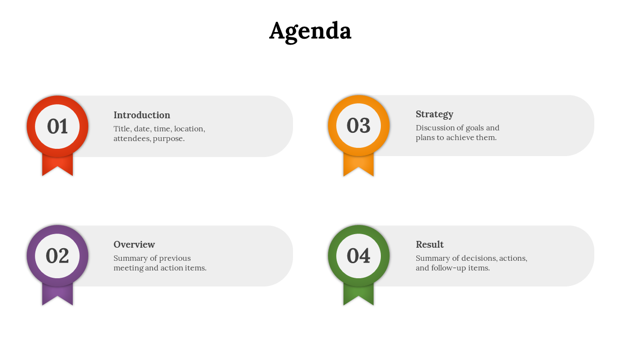 Agenda slide with four circular ribbon like sections in red, purple, orange, and green, each with a number and description.