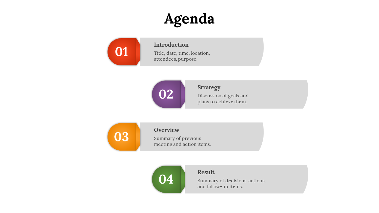 Agenda slide with rounded rectangles, each containing a numbered section in red, purple, orange, and green.