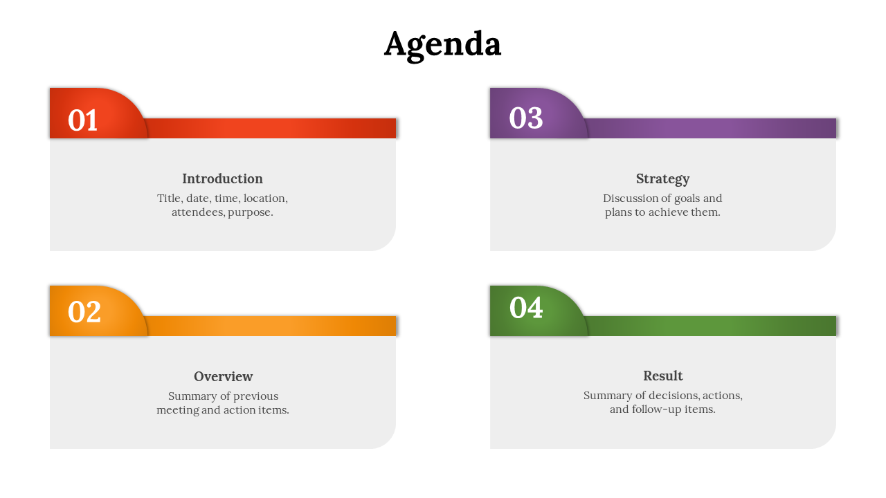 Agenda slide with four rectangular sections in red, orange, purple, and green, each with a number and a brief description.