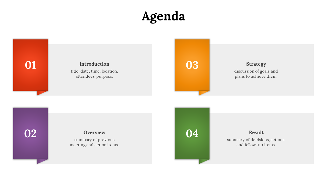 Agenda slide with four numbered sections in red, purple, orange, and green, featuring rectangular boxes and descriptive text.