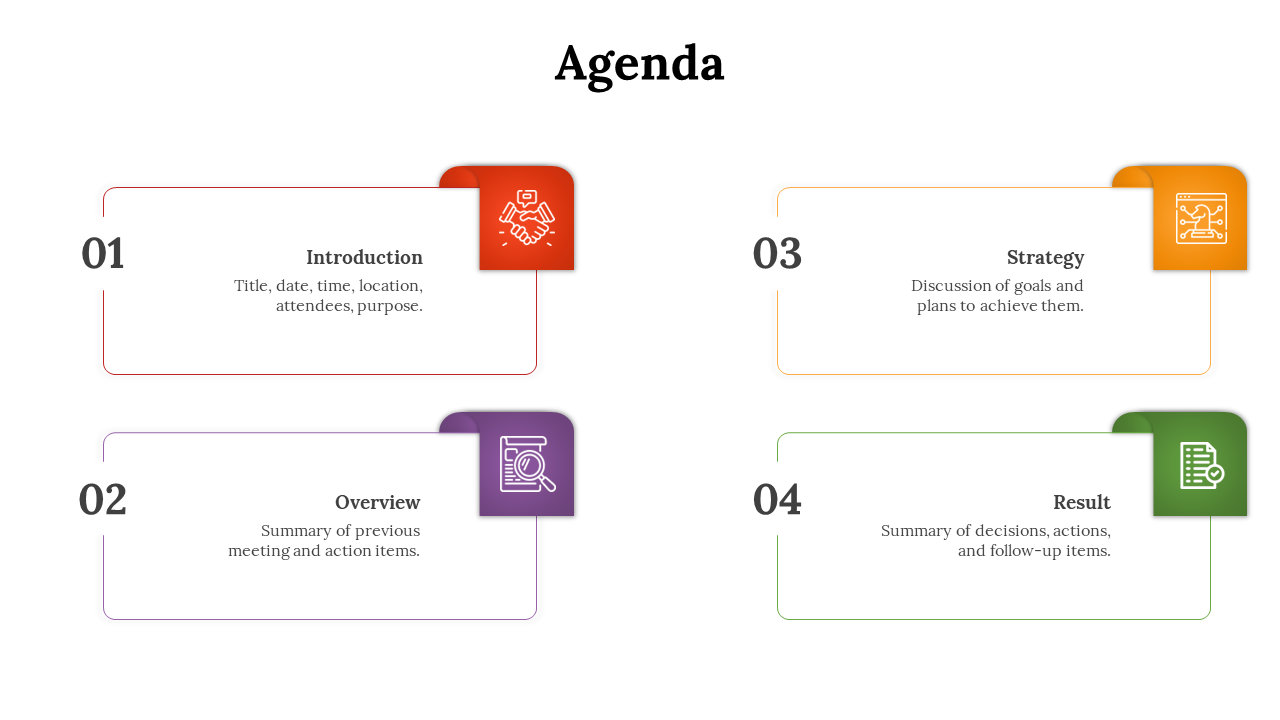 Slide featuring color coded agenda items with rounded corners in red, purple, orange, and green with icons.