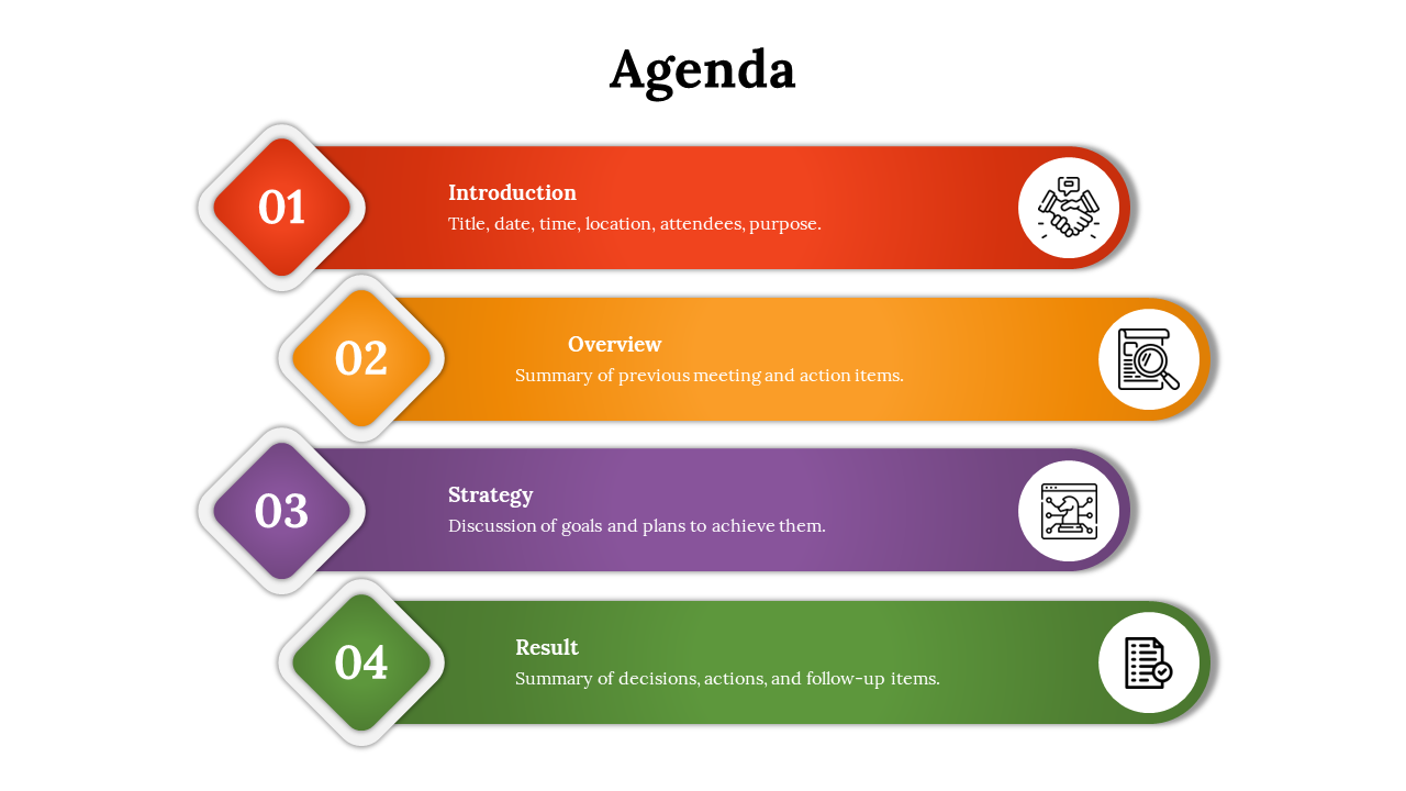 Agenda layout with diamond shaped labels in red, orange, purple, and green, along with descriptive text and icons.