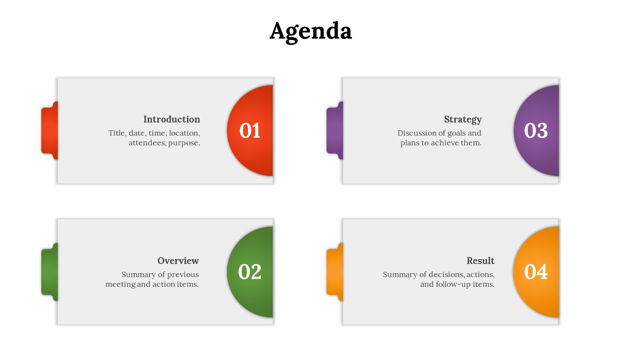 Agenda slide featuring four numbered sections in red, green, purple, and orange, each with a description.