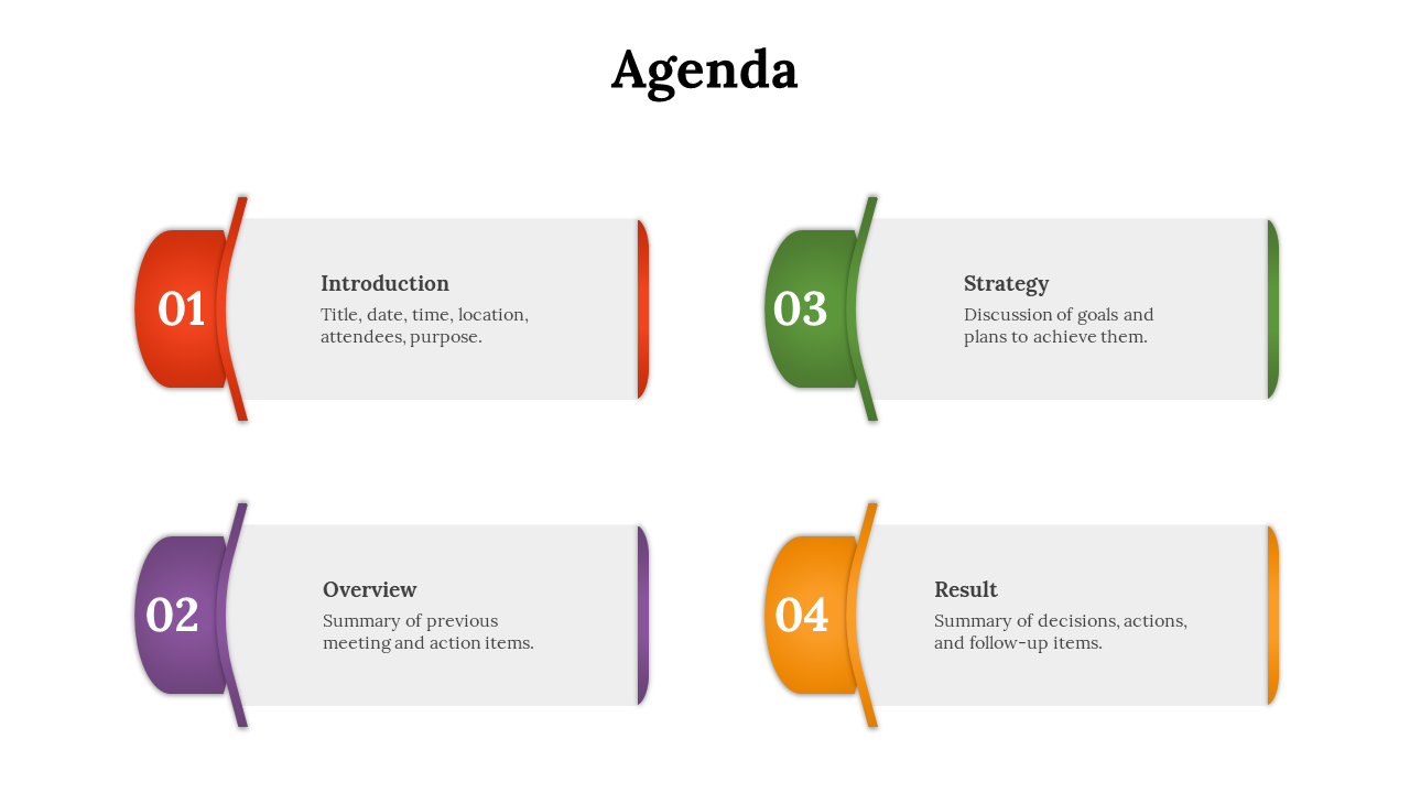 Colorful agenda slide featuring four sections in red, purple, green, and orange, with numbered points for each topic.