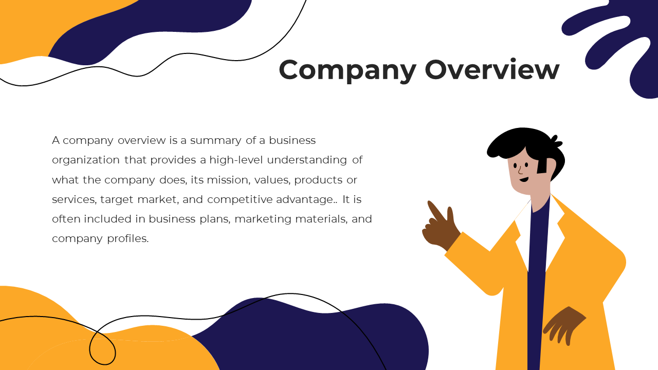 Colorful slide with yellow and purple shapes framing a character in a jacket, pointing the company overview text.