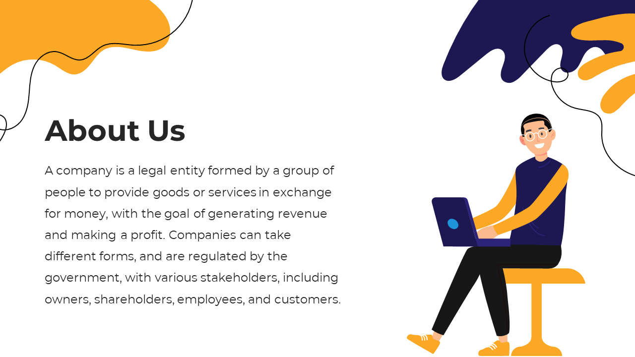 About us slide with a character sitting at a desk with a laptop, surrounded by colorful yellow and purple curves.