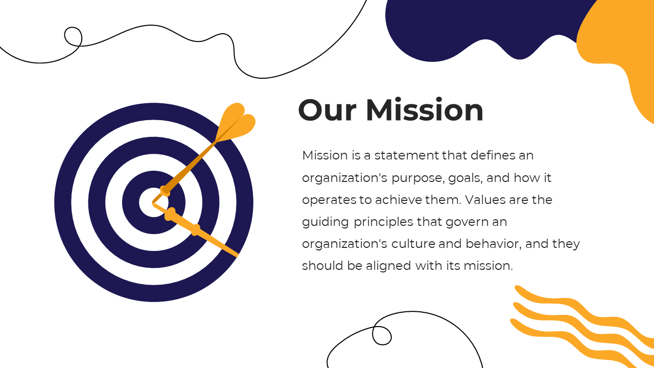 Slide with abstract yellow and purple shapes, featuring a bullseye target with a dart in the center and a mission statement.