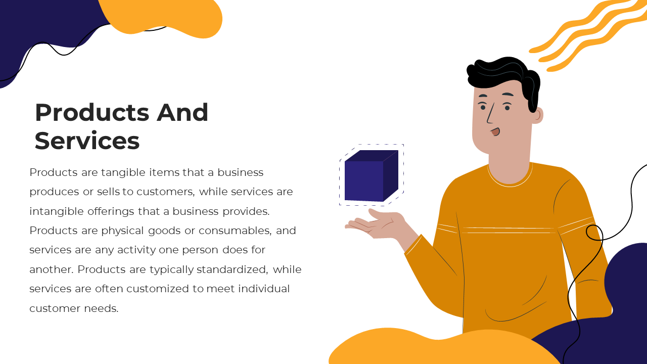 Slide with abstract yellow and purple shapes, featuring a character in an orange shirt holding a cube.