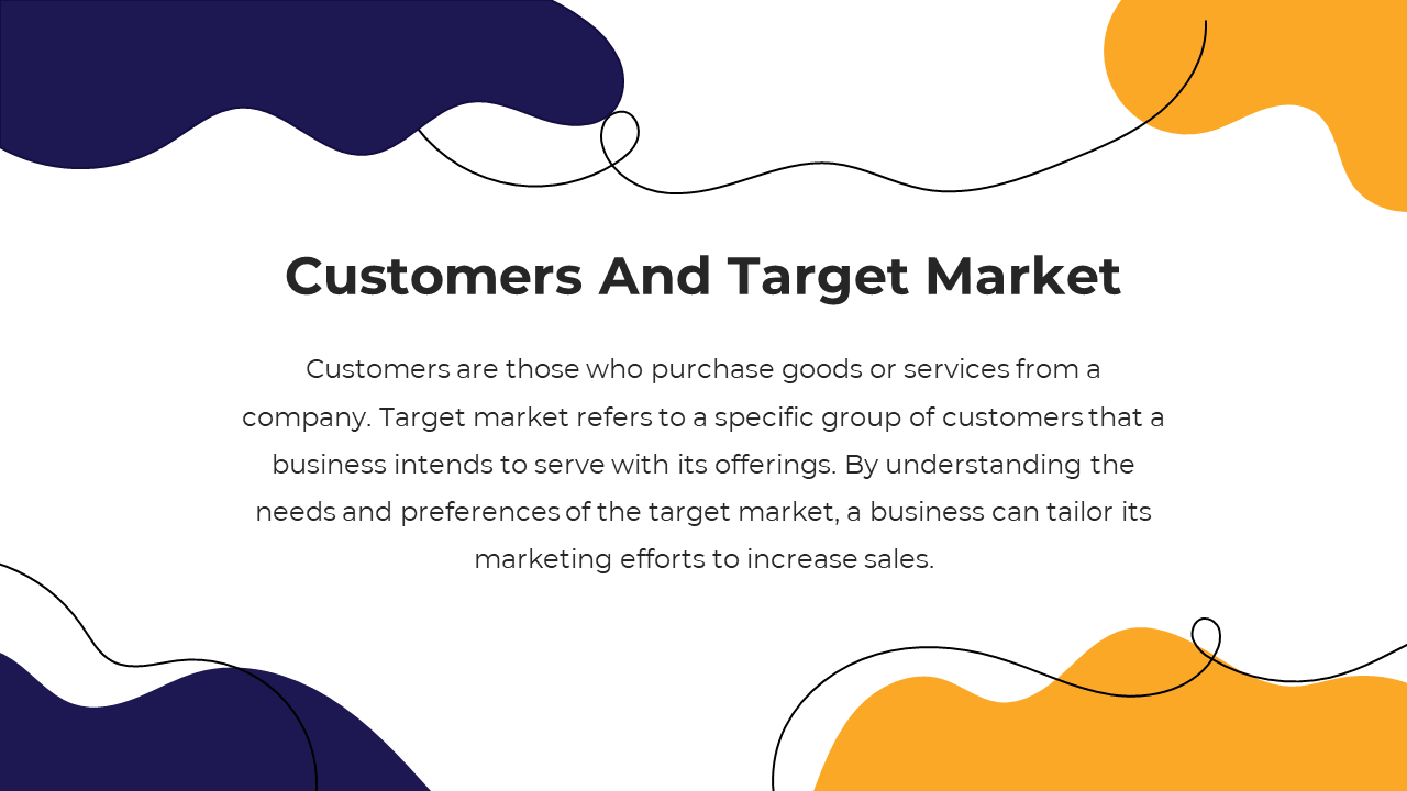 Slide with soft yellow and purple curves, featuring a bold title and a description about customers and target market.