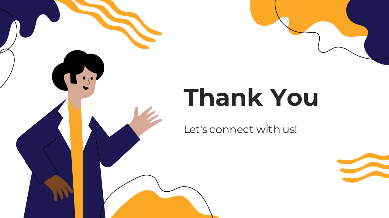 Thank you slide with abstract yellow and purple shapes, featuring a character in a blue jacket gesturing with one hand.