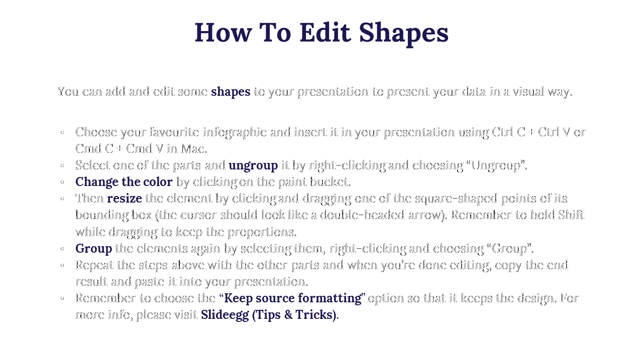 Slide with a purple header, instructions on how to edit shapes in a presentation, and bullet points on a white background.