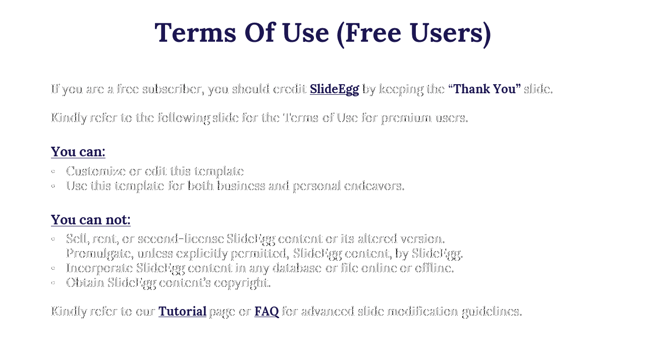 Slide with a purple header and terms listed in bullet points, detailing usage for free subscribers on a white background.