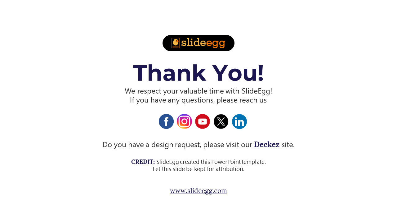 White slide with bold purple text at the center, social media icons, and small blue links at the bottom.