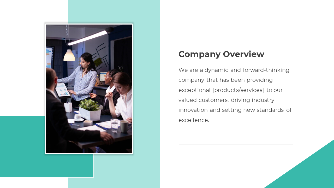 Slide with a teal border and an image of a team discussing data, alongside a company overview text.