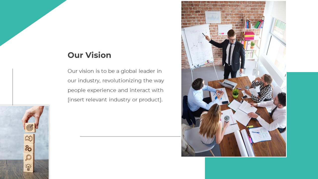 Vision slide featuring an image of a team discussing strategy, alongside a photo of stacked wooden blocks with icons.