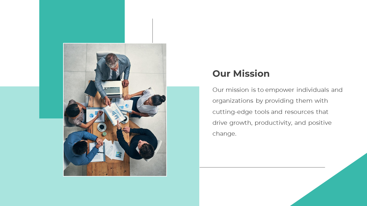 Mission slide featuring an image of a team working together at a table, with teal geometric accents framing the photo.