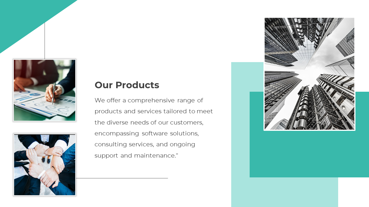 Our product slide featuring images of business discussions and city buildings, framed with teal geometric shapes.