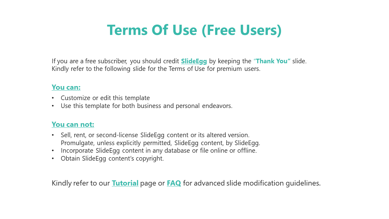 Simple layout with teal header and bullet points, detailing terms of use for free users in a clean, professional design.