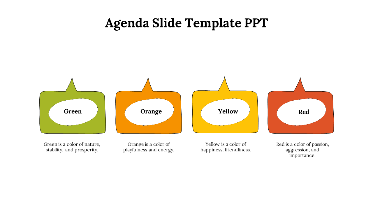 Agenda slide with four speech bubble shapes in green, orange, yellow, and red, with descriptive text below.