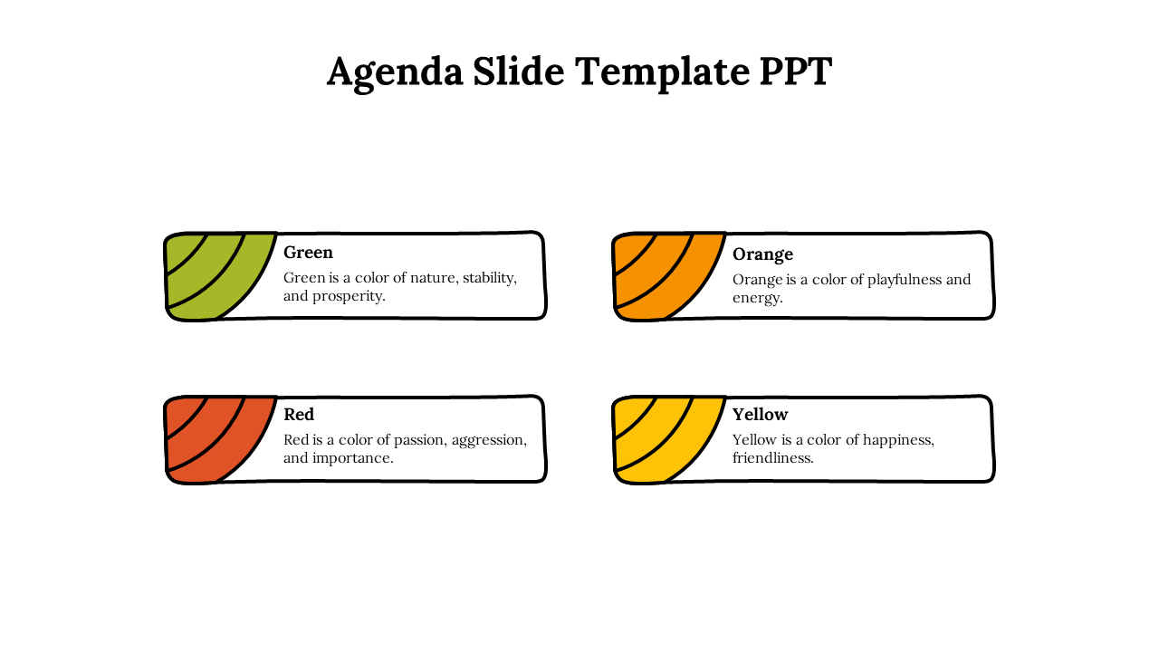 Four rectangular sections featuring diagonal color segments in green, orange, red, and yellow, with descriptions.