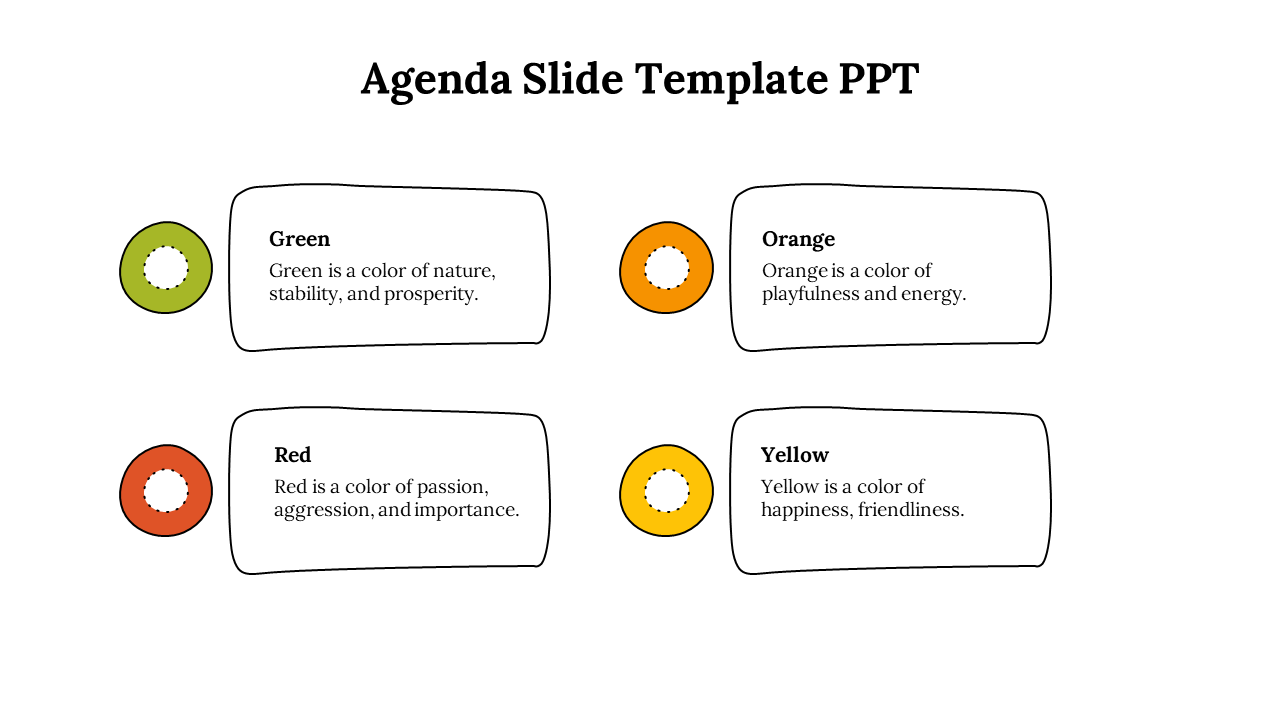 Agenda slide with circular color indicators in green, orange, red, and yellow, next to rectangular outlined text boxes.