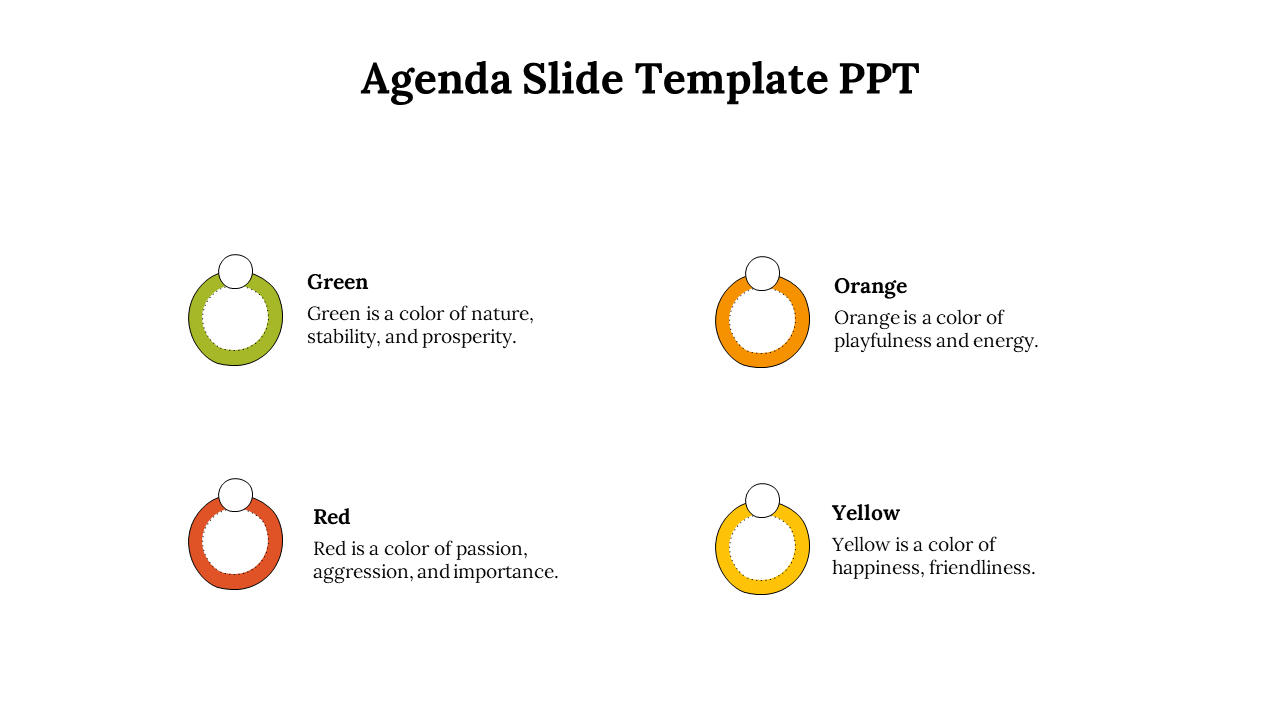 Four circular tags in green, orange, yellow, and red, arranged horizontally, with descriptive text placed next.